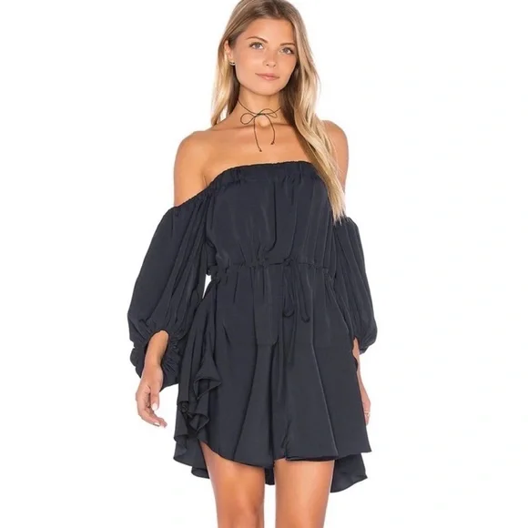 Shona Joy Core Off the Shoulder Black Ruffle Mini Dress Size 10 - Picture 2 of 7